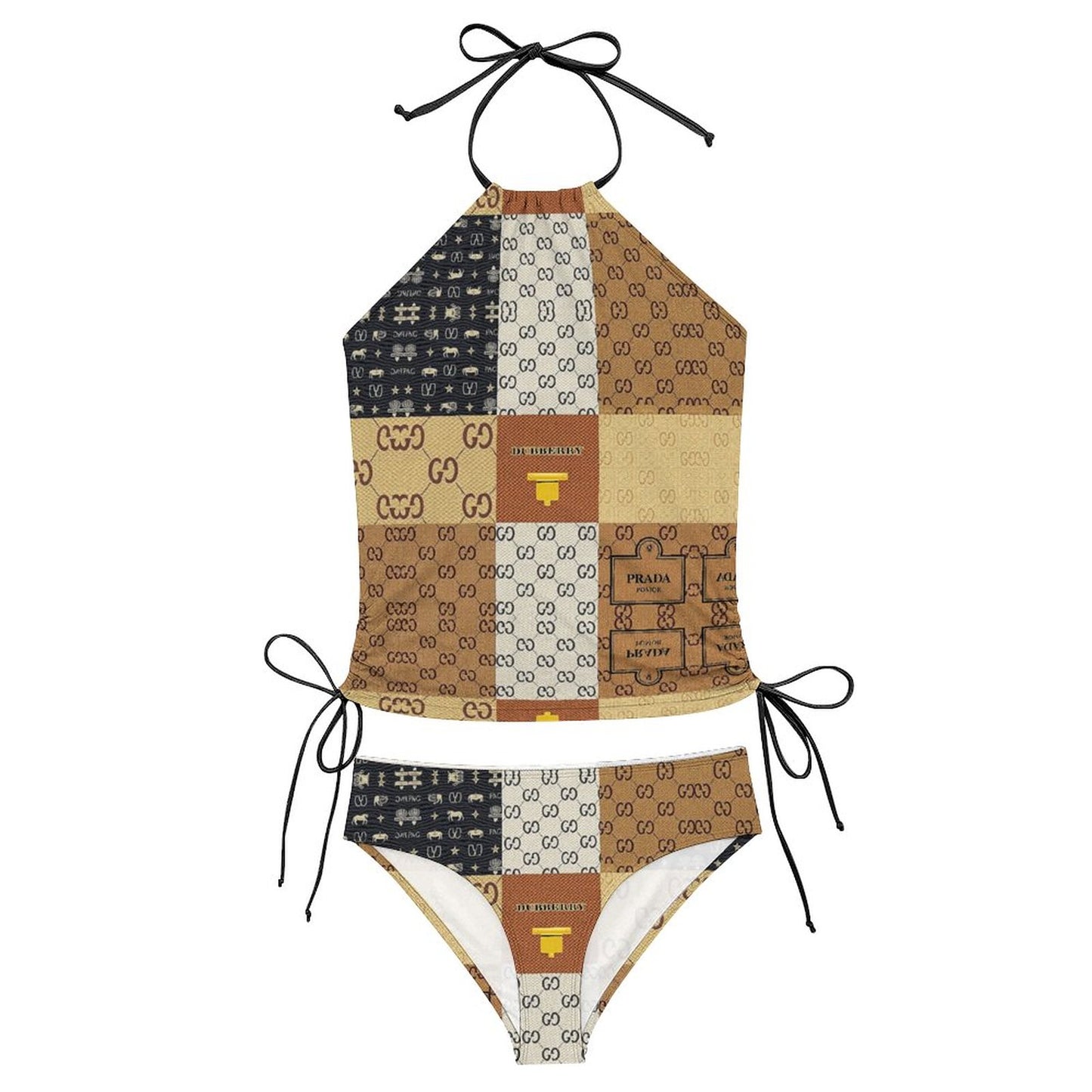 V'sace Versus By Cartier 2-Piece Women's Tankini Set with High Neck Halter Top F145kA01 (All-Over Printing)