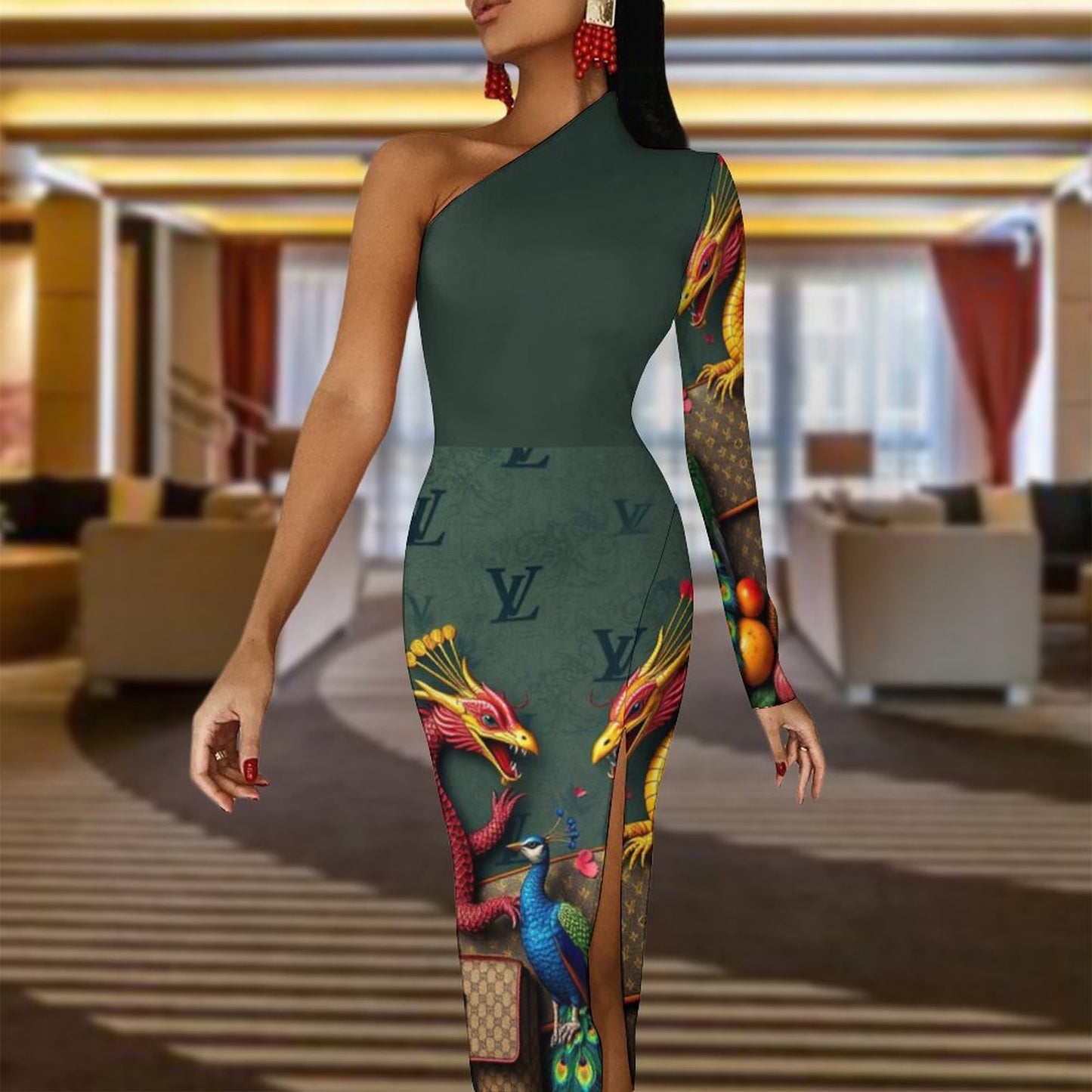 Cartii Pea One Shoulder Split Dress