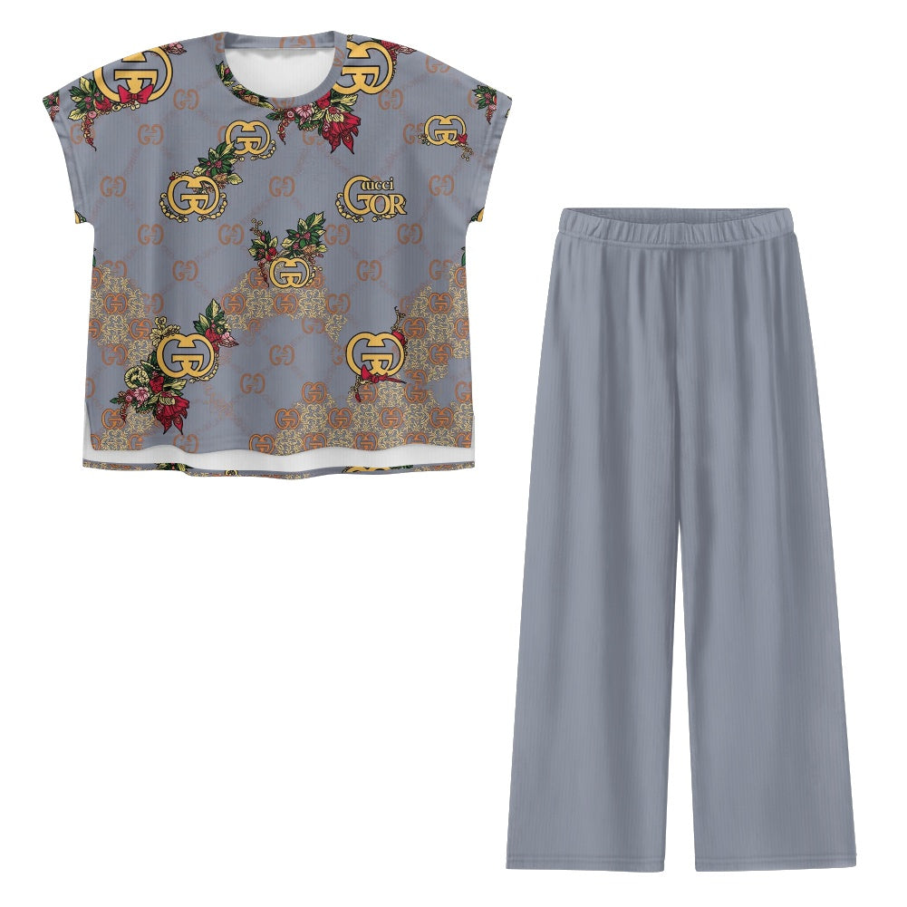 Short-sleeved casual wide-leg pants suit
