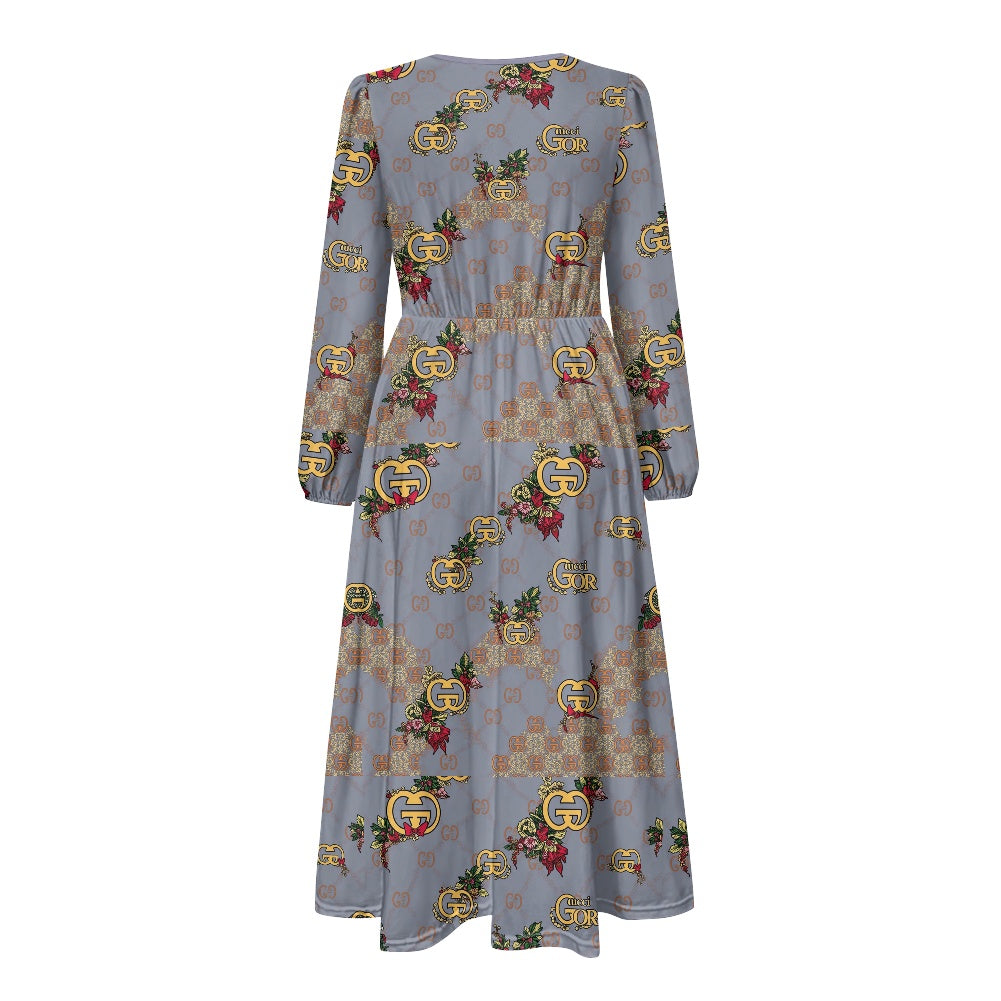 G'iore V-Neck Long Sleeve Tie Waist Midi Dress