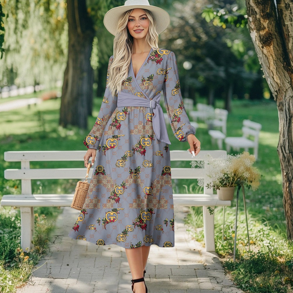 G'iore V-Neck Long Sleeve Tie Waist Midi Dress